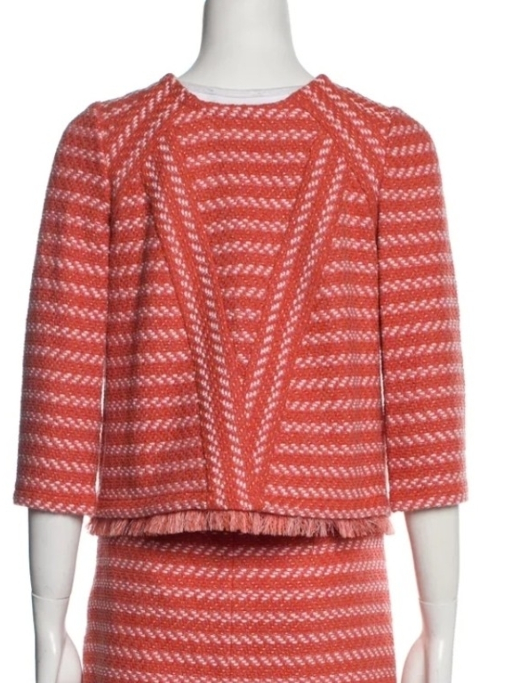 Maje Orange Tweed Chevron Blouse Size 1 S French Designer Frayed Hem ¾ Sleeve